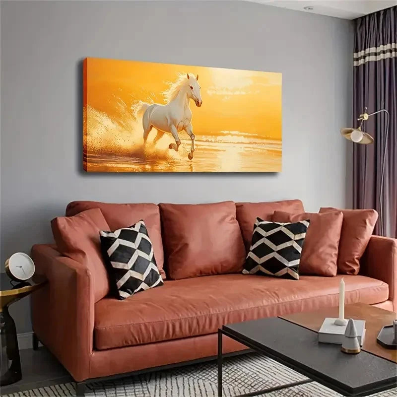 Realistic White Horse Running Wall Art Canvas Office Home Room Framed 120x60cm