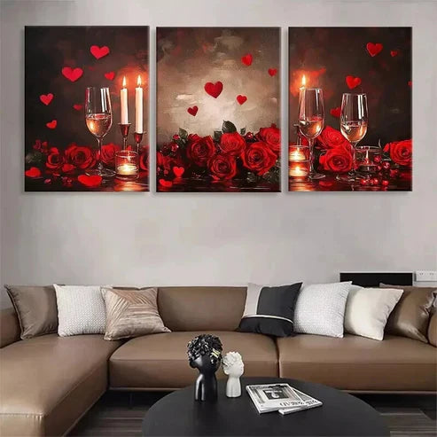 3pcs Romantic Red Roses Wine Glasses Perfect Art Set Canvas Unframed - High Quality Print 100% Australian Made Wall Canvas