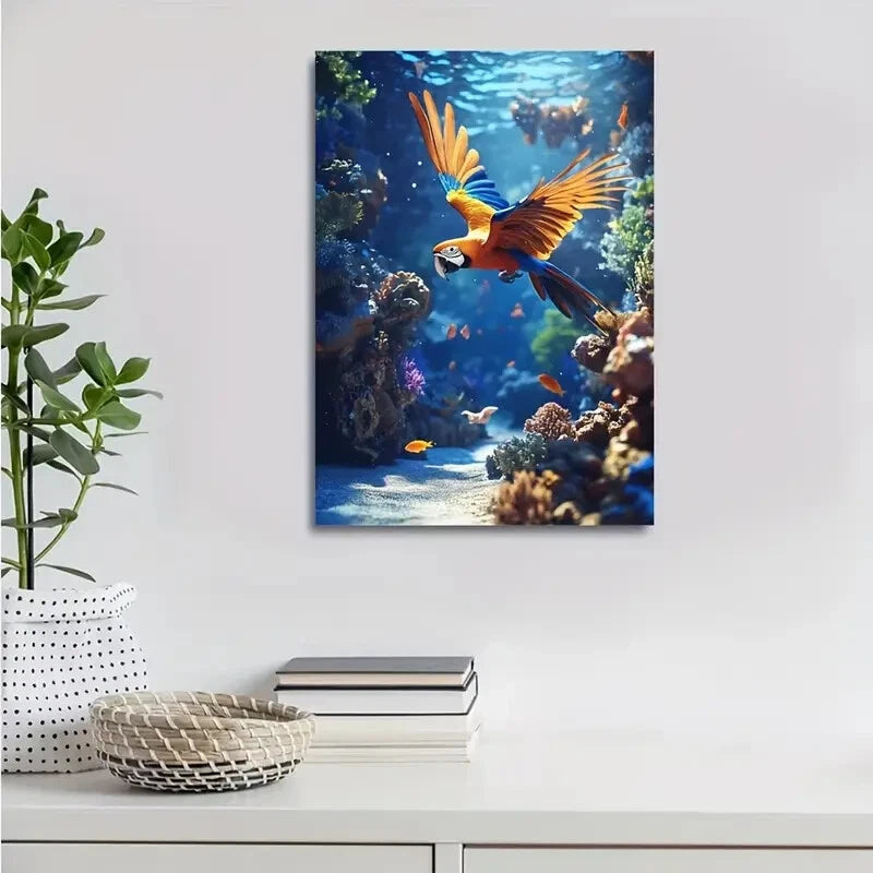 Beautiful Vibrant Parrot & Coral Reef Painting 40x60cm Metal Print Ready to Hang - Bella Home Decor