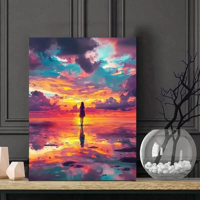 Girl Stands On The Beach, with Colorful Clouds in Sky 40x60cm Metal Print Ready to Hang - Bella Home Decor