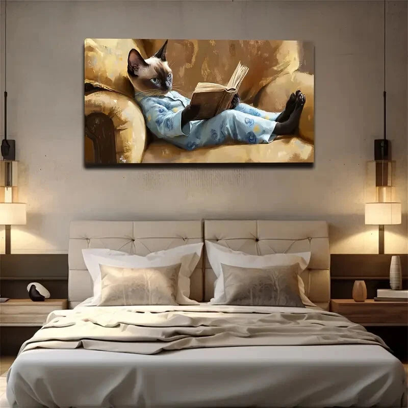 Siam Cat Pajamas Reading Book Wall Art Canvas Office Home Room Framed 120x60cm - Bella Home Decor