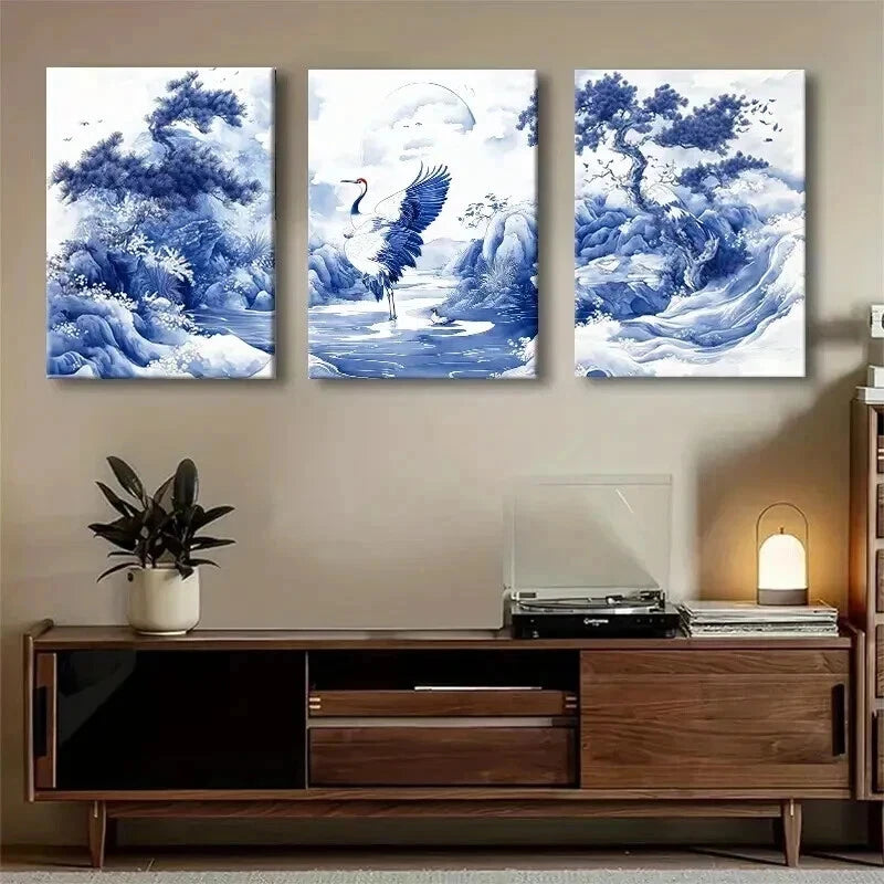 3pcs Traditional Blue and White Elegant Perfect Wall Art Set Canvas Framed 60x90cm - High Quality Print 100% Australian Made Wall Canvas Ready to Hang - Bella Home Decor