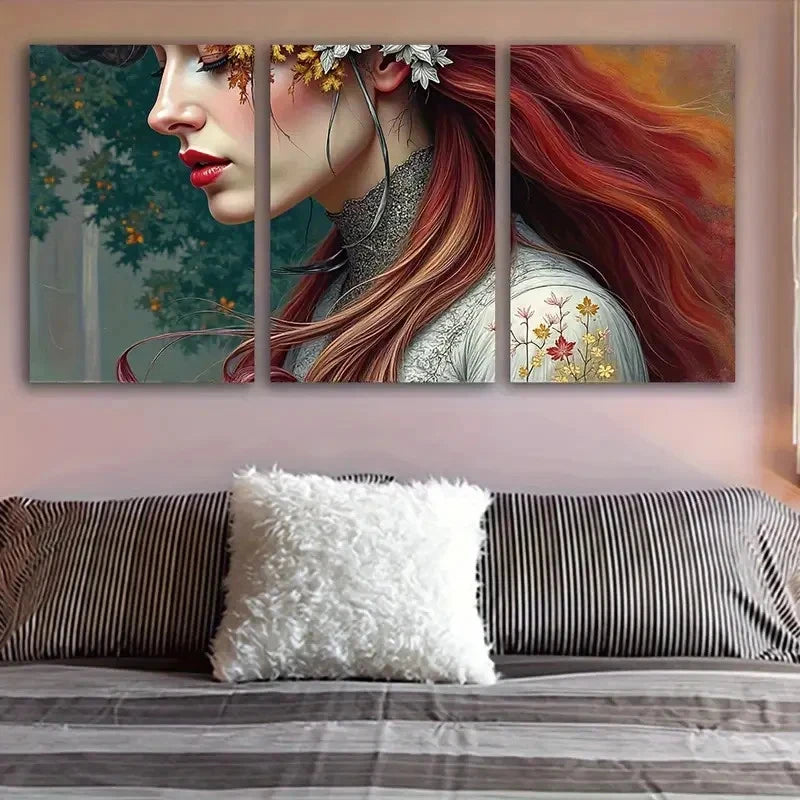 3pcs Red Woman Portrait With Floral Accents Wall Art Set Canvas Framed 60x90cm - High Quality Print 100% Australian Made Wall Canvas Ready to Hang