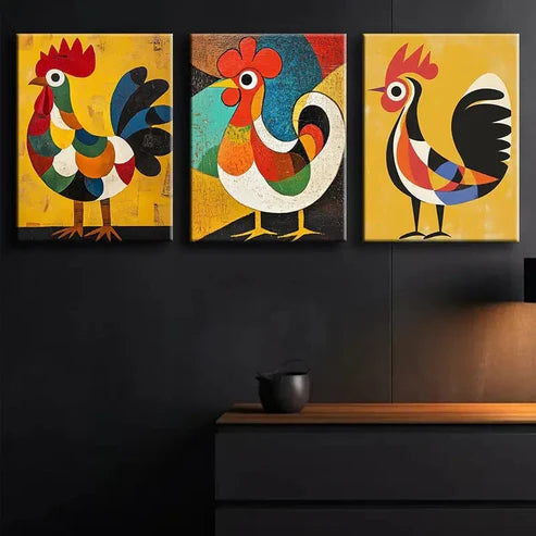 3pcs Abstract Rooster Colorful Perfect Wall Art Set Canvas Unframed - High Quality Print 100% Australian Made Wall Canvas - Bella Home Decor