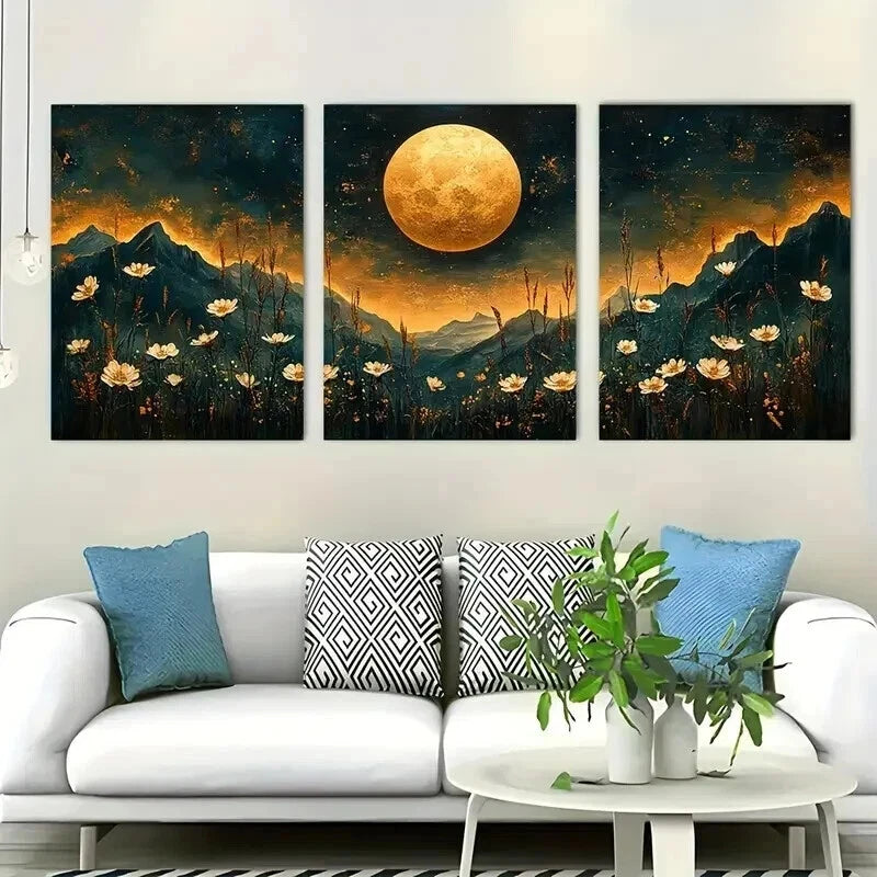 3pcs Full Moon Floral Night Sky White Perfect Wall Art Set Canvas Framed 50x70cm - High Quality Print 100% Australian Made Wall Canvas Ready to Hang - Bella Home Decor