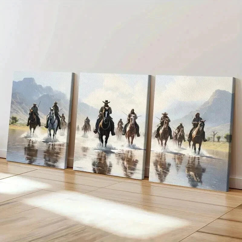 3pcs Western American Cowboys Riding Horses Wall Art Set Canvas Framed 60x90cm - High Quality Print 100% Australian Made Wall Canvas Ready to Hang - Bella Home Decor