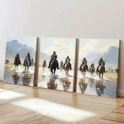 3pcs Western American Cowboys Riding Horses Wall Art Set Canvas Framed 60x90cm - High Quality Print 100% Australian Made Wall Canvas Ready to Hang - Bella Home Decor