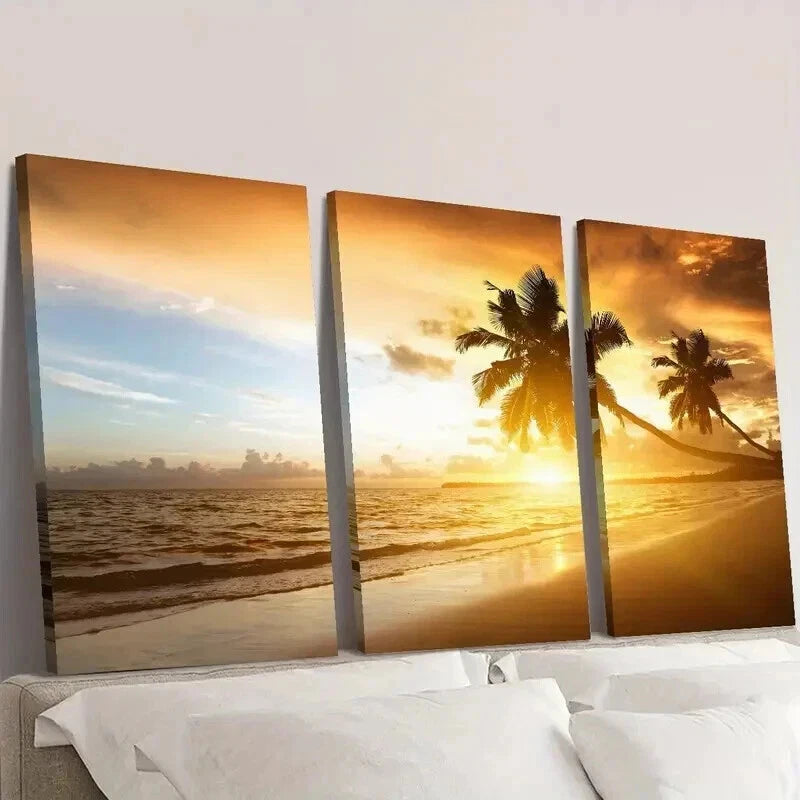 3pcs Sunset Over The Sea & Palm Trees Wall Art Set Canvas Framed 60x90cm - High Quality Print 100% Australian Made Wall Canvas Ready to Hang
