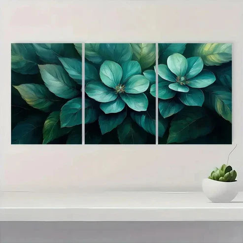 3pcs Green Floral Teal & Blue Flowers FG Wall Art Set Canvas Unframed - High Quality Print 100% Australian Made Wall Canvas