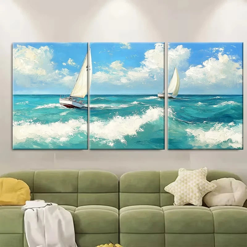3pcs Seascape Painting of Sailboats Metal Print Ready to Hang Art