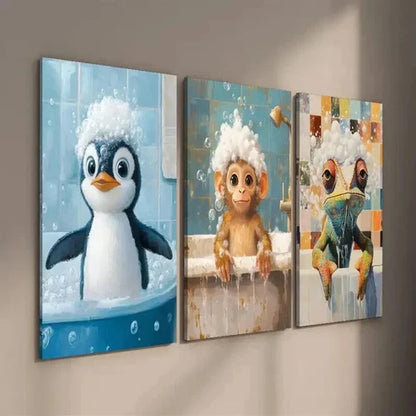 3pcs Cute Penguin Monkey Chameleon in Bathtub Wall Art Set Canvas Unframed - High Quality Print 100% Australian Made Wall Canvas - Bella Home Decor