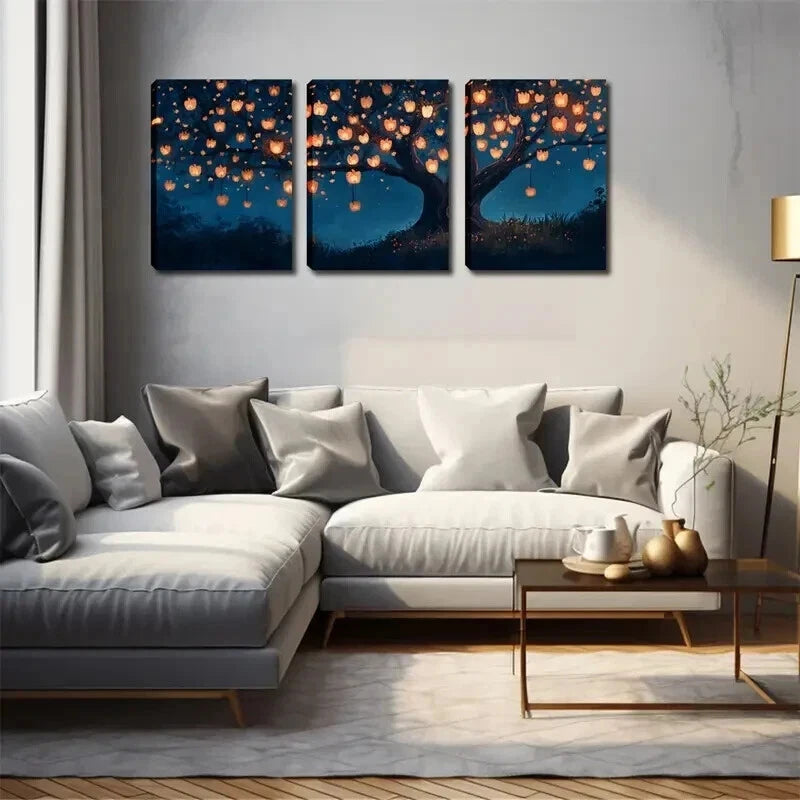 3pcs Vibrant Lanterns On Branches Design Perfect Wall Art Set Canvas Framed 60x90cm - High Quality Print 100% Australian Made Wall Canvas Ready to Hang - Bella Home Decor