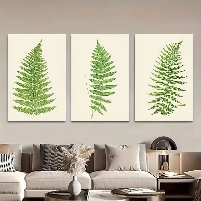 3pcs Green Fern Leaf Designs Botanical Metal Print Ready to Hang Art - Bella Home Decor