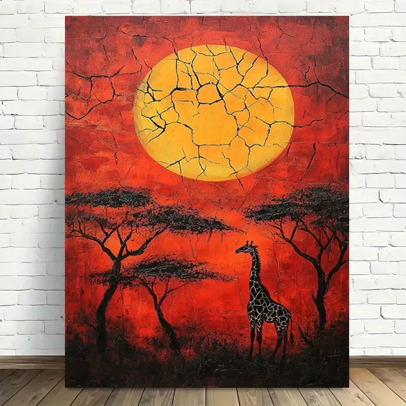 Beautiful African Sunset Giraffe Painting 40x60cm Metal Print Ready to Hang - Bella Home Decor