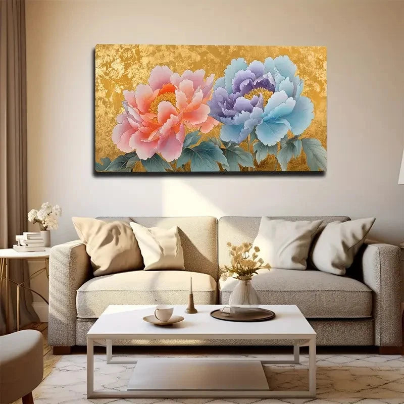 Pink And Blue Peonies Wall Art Canvas Office Home Room Framed 120x60cm