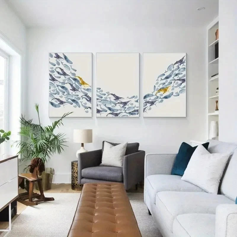 3pcs Blue & Golden Watercolor Designs Wall Art Set Canvas Framed 50x70cm - High Quality Print 100% Australian Made Wall Canvas Ready to Hang - Bella Home Decor