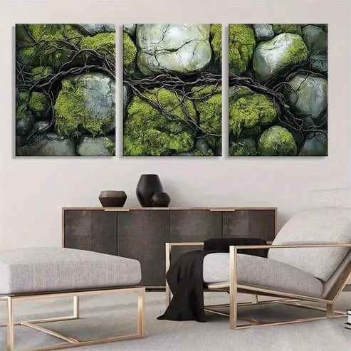 3pcs Nature Moss and Stone Green Forest Wall Art Canvas Unframed - High Quality Print 100% Australian Made Wall Canvas