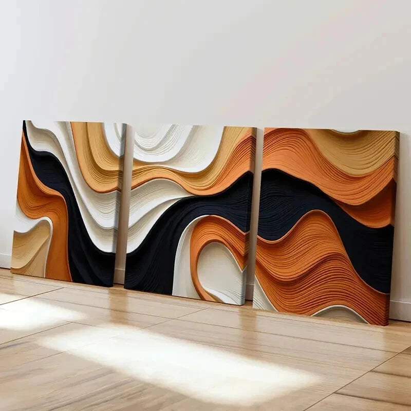 3pcs Wavy Patterns in Black White Orange & Beige Wall Art Set Canvas Framed 50x70cm - High Quality Print 100% Australian Made Wall Canvas Ready to Hang - Bella Home Decor