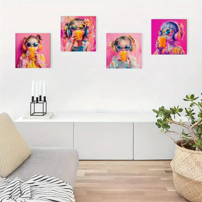 4pcs Vibrant Girl Drinking Juice Wall Art Canvas Framed