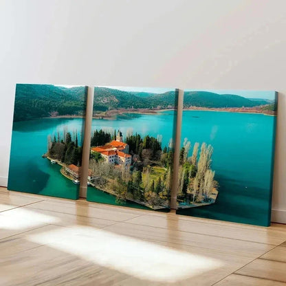 3pcs Lake House Island Modern Landscape Wall Art Set Canvas Framed 60x90cm - High Quality Print 100% Australian Made Wall Canvas Ready to Hang