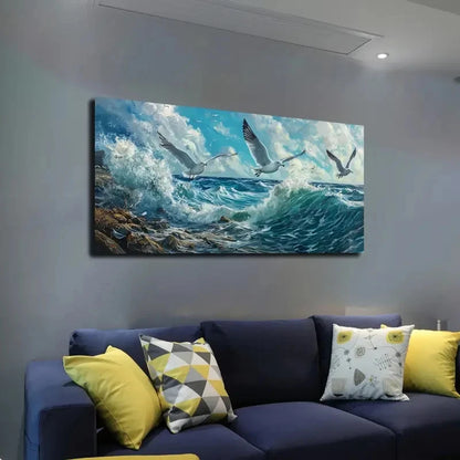 Seagulls Soaring Over Ocean Wall Art canvas office home room framed 120x60cm - Bella Home Decor