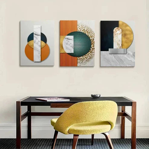3pcs Golden White and Teal Geometric Design Art Set Canvas Unframed - High Quality Print 100% Australian Made Wall Canvas