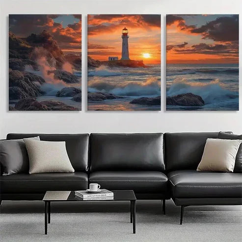 3pcs Lighthouse Sunset Ocean Coastal Perfect Wall Art Set Canvas Unframed - High Quality Print 100% Australian Made Wall Canvas