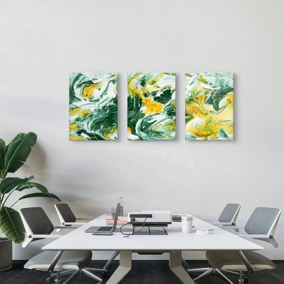 3pcs Abstract Green and Yellow Fluid Paint Wall Art Set Canvas Framed 60x90cm - High Quality Print 100% Australian Made Wall Canvas Ready to Hang