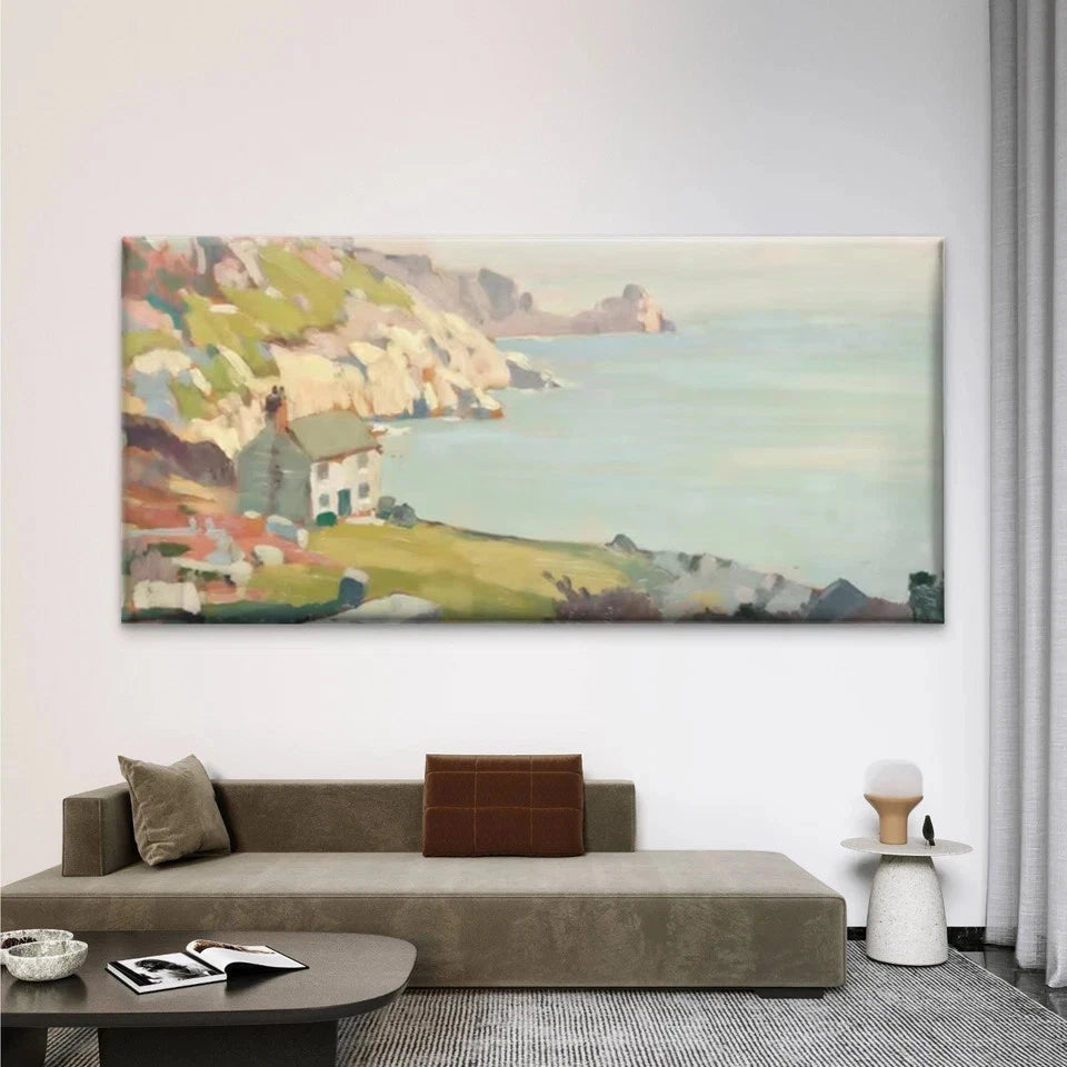 Coastal Cottage Cliffside Ocean Wall Art Canvas Office Home Room Framed 120x60cm