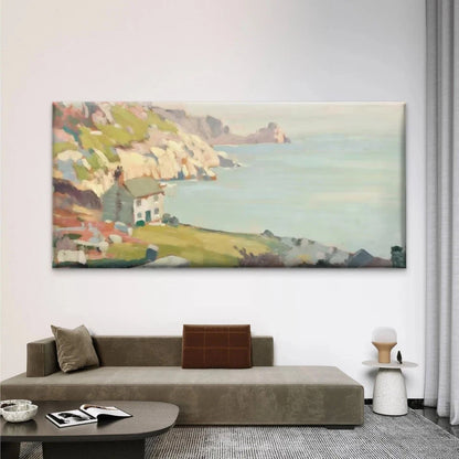 Coastal Cottage Cliffside Ocean Wall Art Canvas Office Home Room Framed 120x60cm