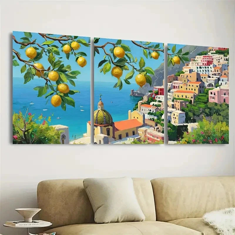3pcs Positano Lemon Tree, Cityscape Wall Art Set Canvas Framed 40x60cm - High Quality Print 100% Australian Made Wall Canvas Ready to Hang