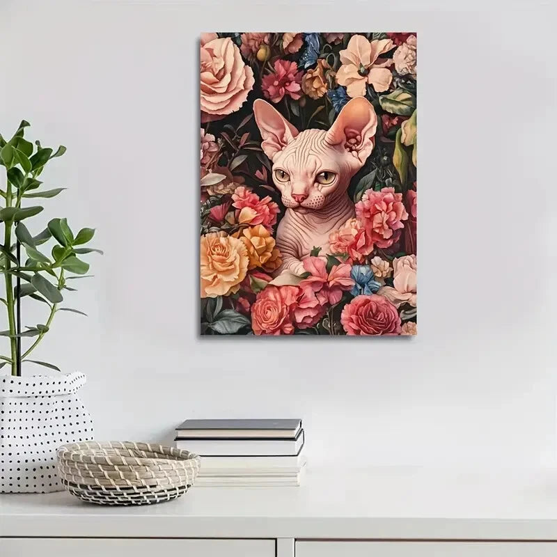 Flowers And Plants Cute Sphynx Kitten Painting 40x60cm Metal Print Ready to Hang - Bella Home Decor