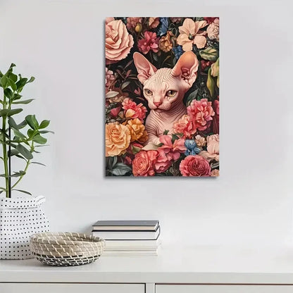 Flowers And Plants Cute Sphynx Kitten Painting 40x60cm Metal Print Ready to Hang - Bella Home Decor