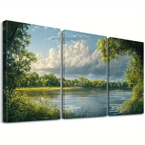 3pcs Serene River & Clouds And Green Art Set Canvas Unframed - High Quality Print 100% Australian Made Wall Canvas
