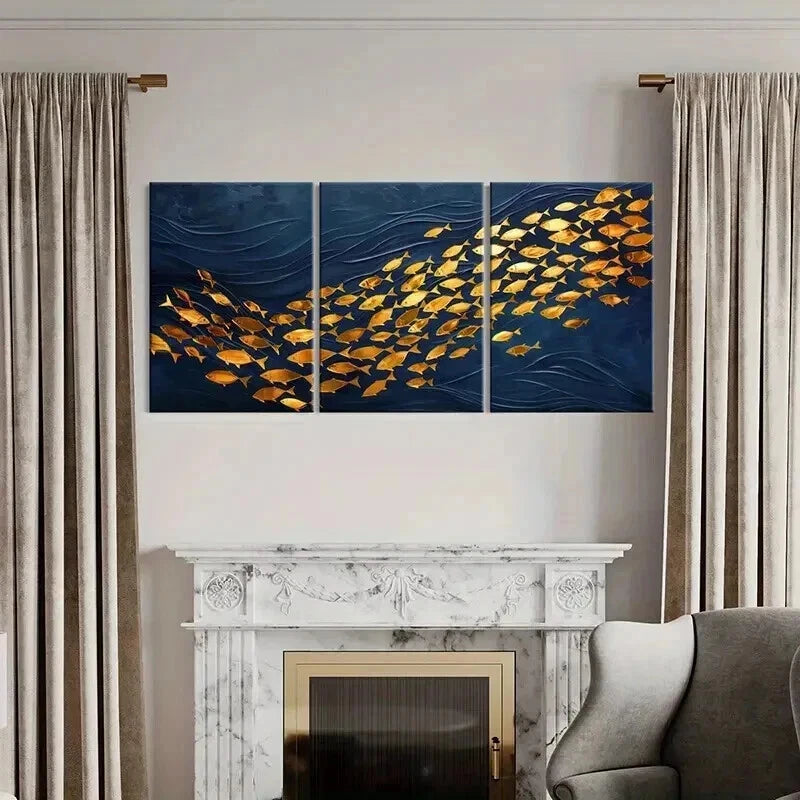 3pcs Abstract Golden Fish & Ocean Waves Wall Art Set Canvas Framed 60x90cm - High Quality Print 100% Australian Made Wall Canvas Ready to Hang - Bella Home Decor