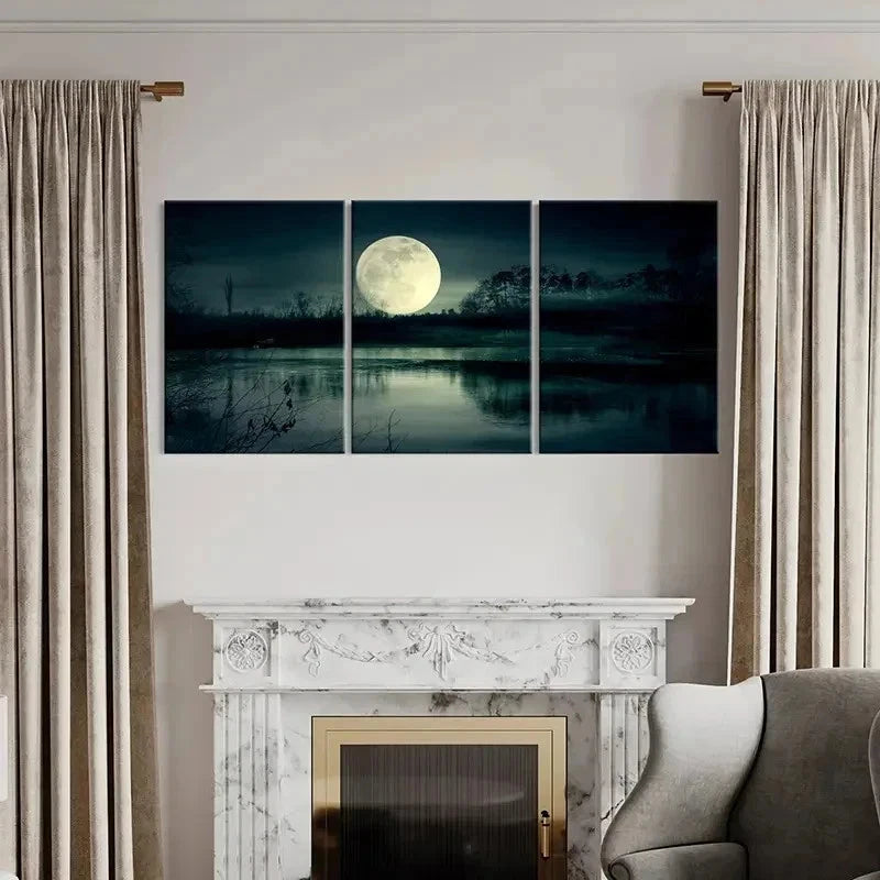 3pcs Full Moon at Night Scene Decoration Wall Art Set Canvas Framed 40x60cm - High Quality Print 100% Australian Made Wall Canvas Ready to Hang - Bella Home Decor