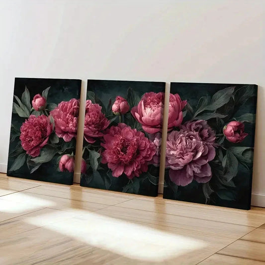 3pcs Rich Colors Peony Blossoms Floral Art Wall Art Set Canvas Framed 50x70cm - High Quality Print 100% Australian Made Wall Canvas Ready to Hang