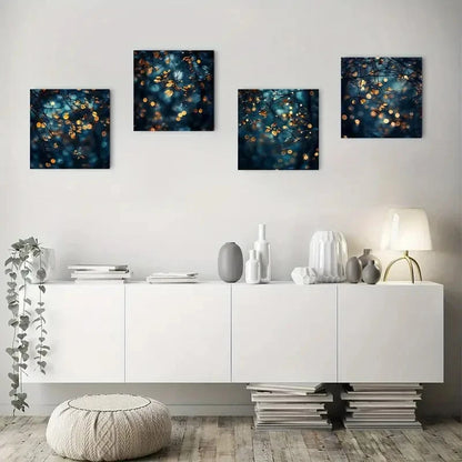 4pcs Stylish Golden & Blue Bokeh Wall Art Canvas Framed