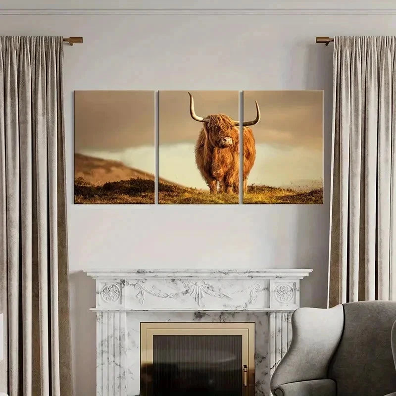 3pcs Plateau Highland Cattle Modern Wall Art Set Canvas Framed 50x70cm - High Quality Print 100% Australian Made Wall Canvas Ready to Hang