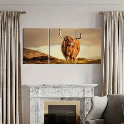 3pcs Plateau Highland Cattle Modern Wall Art Set Canvas Framed 50x70cm - High Quality Print 100% Australian Made Wall Canvas Ready to Hang