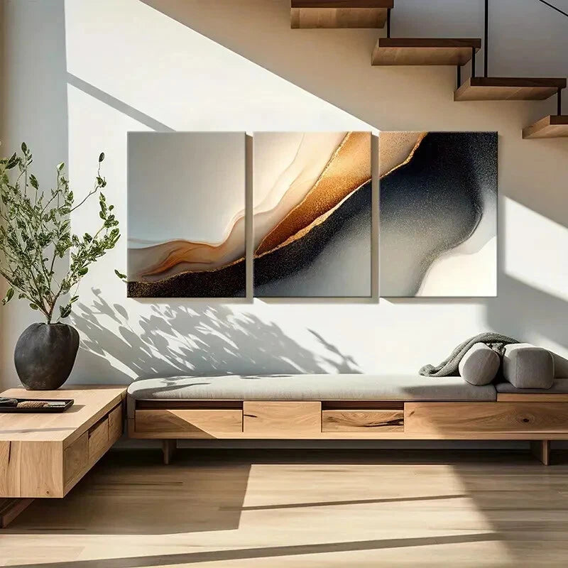 3pcs Abstract Art Golden Glitter Flowing Lines Metal Print Ready to Hang Art - Bella Home Decor