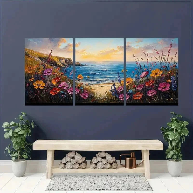 3pcs Coast Beach Wildflowers Landscape Wall Art Set Canvas Framed 60x90cm - High Quality Print 100% Australian Made Wall Canvas Ready to Hang - Bella Home Decor