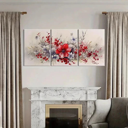 3pcs Red Flower Bouquet Abstract Floral Wall Art Canvas Unframed - High Quality Print 100% Australian Made Wall Canvas