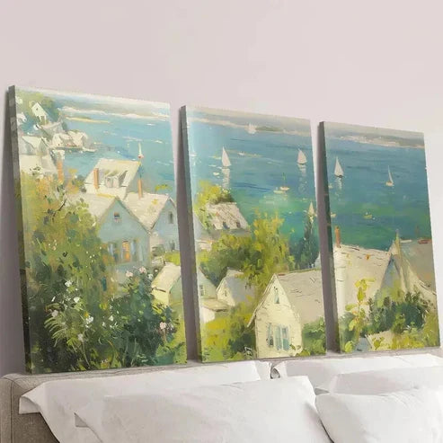 3pcs Cottage by the Sea Ships in the Harbor Wall Art Canvas Unframed – High Quality Print 100% Australian Made Wall Canvas - Bella Home Decor