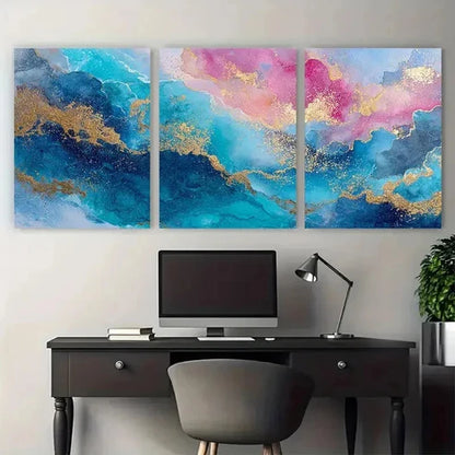 3pcs Blue & Gold  Abstract  Wall Art Canvas Unframed - High Quality Print 100% Australian Made Wall Canvas - Bella Home Decor