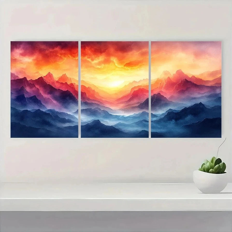 3pcs Abstract Rainbow Mountain Sunset Metal Print Ready to Hang Art - Bella Home Decor