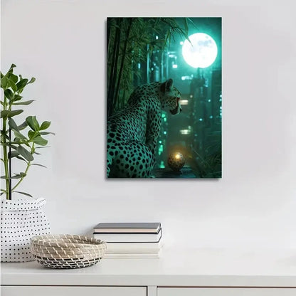 Cheetah & Moonlit Bamboo Moonlight Scene Painting 40x60cm Metal Print Ready to Hang - Bella Home Decor