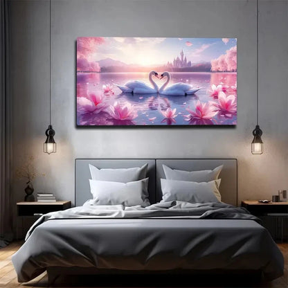 Bedroom with a large wall art of swans and pink flowers on a gray wall.