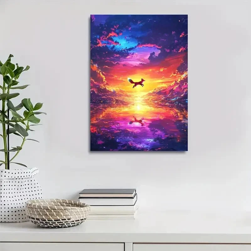 Vibrant Fox Sunset Reflection Joyful Fox Painting 40x60cm Metal Print Ready to Hang - Bella Home Decor