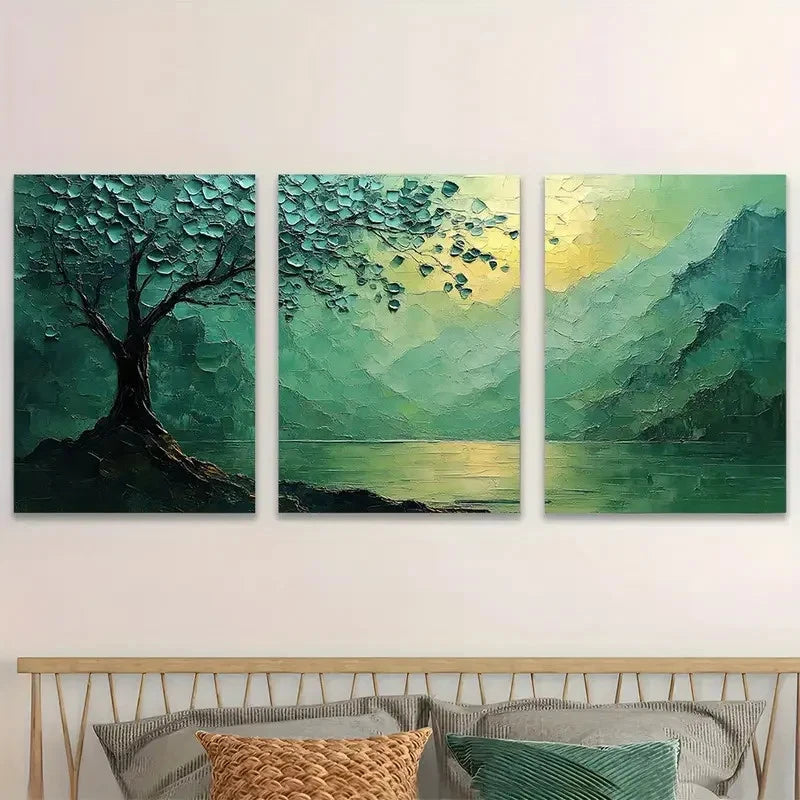 3pcs Abstract Green Tree By The Mountain Lake  Wall Art Set Canvas Framed 60x90cm - High Quality Print 100% Australian Made Wall Canvas Ready to Hang - Bella Home Decor